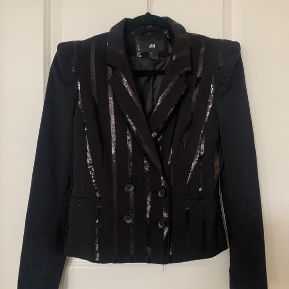 Black sequin striped double breasted blazer - Picture 1 of 6